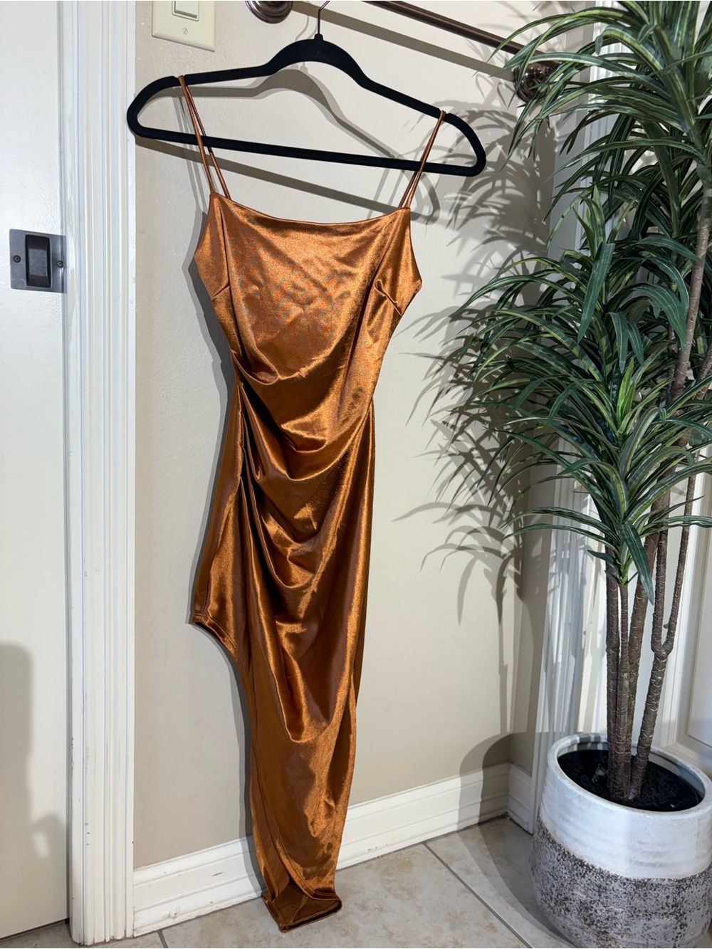 Windsor One-Shoulder Copper Satin Slip Dress with Draped Side